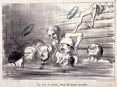 Serie "" Les Bains de Mer"": "" Vannskisse. En svømmeskole, en pool av fornuftige menn.» Gravering av Honore DAUMIER (1808-1879). Utdrag fra avisen "" Le Charivari"" av Honoré Daumier
