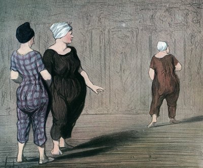 Serien "" Les batheuses"" to kvinner i badedrakt undersøker snittet til en annen, karikatur av Honore Daumier (1808-1879) 1844 (Badegjestene: to damer iført badedrakt, ser opp og ned i midjen til en annen) Privat samling av Honoré Daumier