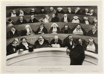The Legislative Belly: Utsikt over ministerbenkene i Impromptu Chamber of 1834 (litografi) av Honoré Daumier