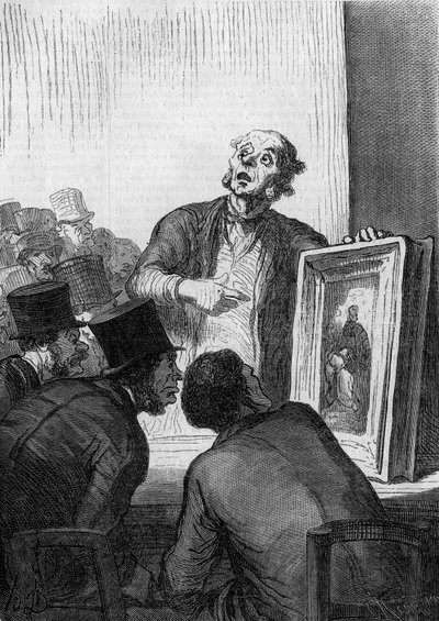 Auksjonshuset: kunsteksperten. Karikatur av Honore Daumier (1808-1879). Gravering i "" Le Monde Illustré"" nr. 308 av 7. mars av Honoré Daumier