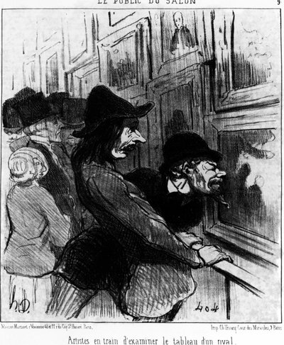 Showets publikum. Kunstnere som undersøker maleriet til en rival, hentet fra "" Paintings and Salons", tegneserieserie av Honore Daumier (1808-1879). “Charivari” av Honoré Daumier