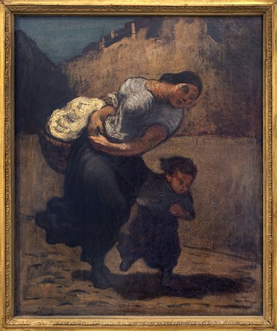Stormen (lavendelen). En kvinne som holder en kort kurv med et barn, sannsynligvis for å beskytte seg mot regnet. Kunstverk av Honore Daumier (1808-1879), olje på papp av Honoré Daumier