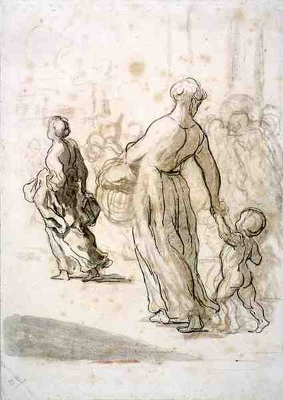 Two Women and a Child, ca. 1848-50 (kritt, kull og gouache på antikk lagt papir) av Honoré Daumier