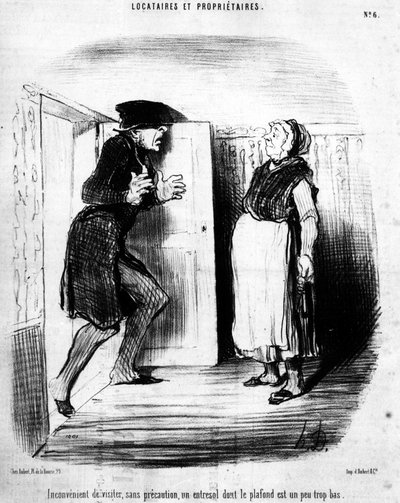 Upraktisk å besøke, uten forsiktighet, en entresol hvis tak er litt for lavt, hentet fra "" Tenants et Owners"", tegneserieserie av Honore Daumier (1808-1879). “Charivari” av Honoré Daumier
