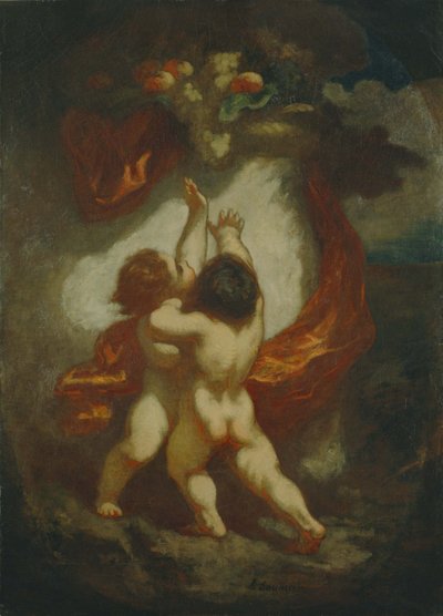 To Putti som streber etter frukt av Honoré Daumier
