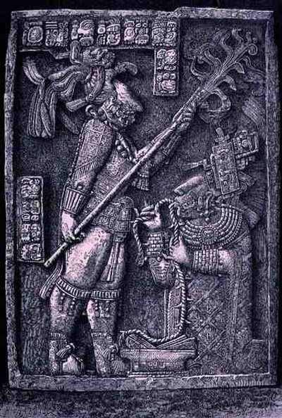 Utskåret steinoverligger fra tempel 23, Yaxchilan, 726 e.Kr., som viser herskeren Shield Jaguar og hans kone, Lady Xoc, gjennomfører et blodslettingsritual, fra The Ancient Cities of the New World, av Claude-Jos av Honore after Chapuis