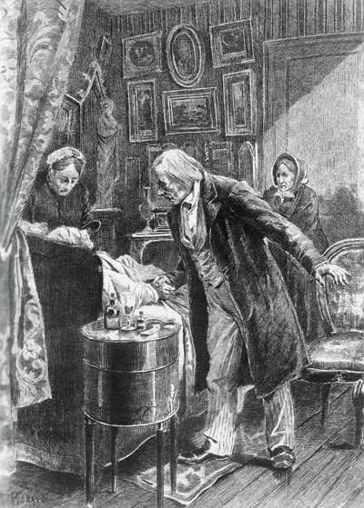 Illustrasjon av Alcide Theophile Robaudi (aktiv 1874-1884) for Cousin Pons, roman av Honore de Balzac (1799-1850) fra samlingen med flere bind med tittelen Human Comedy, utgitt i 1900, Paris av Honore de Balzac
