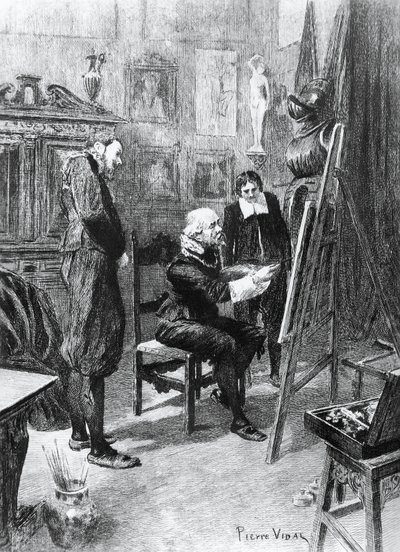 Illustrasjon av Pierre Vidal (1849-1929) for Ukjent mesterverk, novelle av Honore de Balzac (1799-1850) fra flerbindssamling med tittelen Human Comedy, utgitt i 1901, Paris av Honore de Balzac