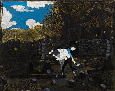 Abraham Lincoln og hans far bygger hytten sin på Pigeon Creek av Horace Pippin
