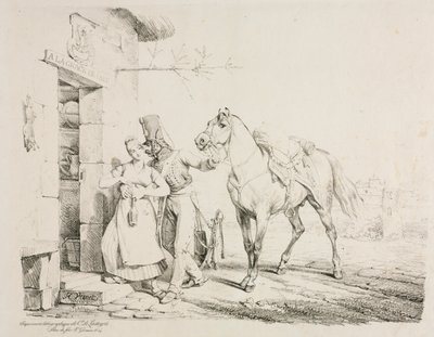 En husar som omfavner en tjener av Emile Jean Horace Vernet