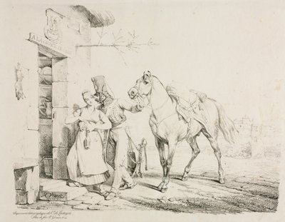 En husar som omfavner en tjener. av Emile Jean Horace Vernet