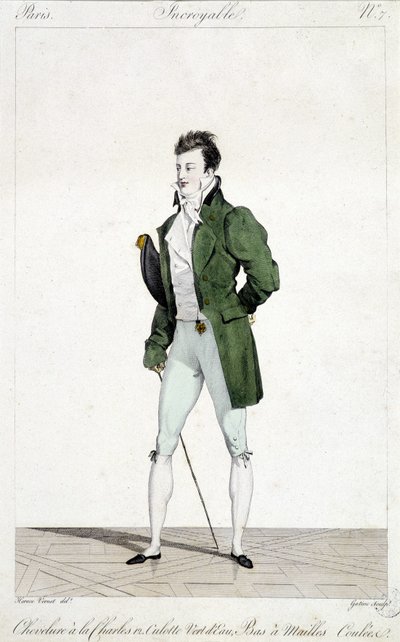 Utrolig Paris. Mannen har håret til Karl XII, iført vanngrønne truser og strømmer i netting. Illustrasjon av herremote laget rundt 1810 av Horace Vernet (1789 - 1863). av Emile Jean Horace Vernet