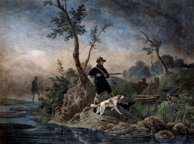 Andejakt i myr, gravering basert på maleri av Horace Vernet (1789-1863) av Emile Jean Horace Vernet