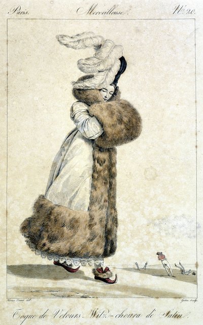 Elegant kvinne iført frakk og fløyelshatt med fjær. Moteillustrasjon for kvinner av Horace Vernet (1789 - 1863) for nummer 20, rundt 1810, av en "Wonderful". av Emile Jean Horace Vernet
