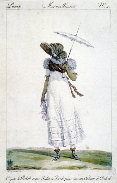 Motegravering av Horace Vernet (1789 - 1863), laget rundt 1810 for "A Wonderful", som viser en kvinne iført en ecrue baldakin, et blodig, tartan-broderi og en paraply. av Emile Jean Horace Vernet