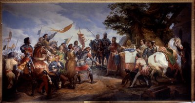 Fransk-engelsk krig (1202-1214): "" slaget ved Bouvines den 27.07.1214, Philippe Auguste setter i spill Frankrikes krone"" Hun motarbeidet den franske hæren til Philippe Auguste mot flamske og velvesen til Othon IV . Den franske seieren ble avgjørende i o av Emile Jean Horace Vernet
