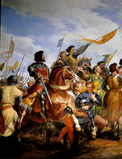 Fransk-engelsk krig (1202-1214): "" slaget ved Bouvines den 27.07.1214, Philippe Auguste setter i spill Frankrikes krone"" Hun motarbeidet den franske hæren til Philippe Auguste mot flamske og velvesen til Othon IV . Den franske seieren ble avgjørende i o av Emile Jean Horace Vernet