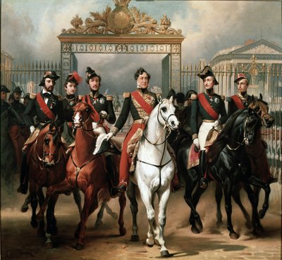 Kong Louis-Philippe omringet av sine fem sønner dro gjennom hovedporten til Versailles-palasset etter å ha bestått en militær gjennomgang i gårdsplassene av Emile Jean Horace Vernet