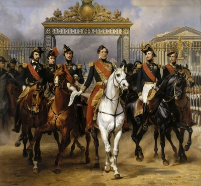 Louis Philippe og sønnene hans til hest ved dette forlater Versailles av låsen, 10. juni 1837 av Emile Jean Horace Vernet