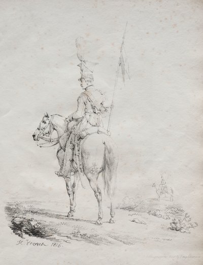 Samling av litografiske essays: Le Lancier en Vedette av Emile Jean Horace Vernet