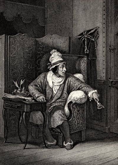 Scene fra The Imaginary Invalid av Moliere, av Horace Vernet, gravering - Le Malade imaginaire av Jean-Baptiste Poquelin dit Moliere (1622-1673) av Emile Jean Horace Vernet