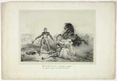 Hun holdt i armene liket blek og blodig... av Emile Jean Horace Vernet