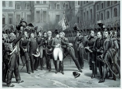 Avskjeden fra Napoleon Bonaparte (1769-1821) til den keiserlige garde på gårdsplassen til Cheval Blanc i Fontainebleau 20/04/1814 Gravering av Emile Vernet dit Horace Vernet (1789-1863) 1814 Paris, B.N. av Emile Jean Horace Vernet
