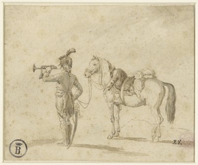 Trompetist ved siden av hest av Emile Jean Horace Vernet