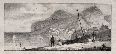 Utsikt over en havneby. av Emile Jean Horace Vernet