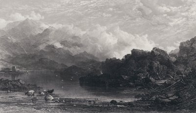 En høyland Loch, tåke hviler på fjell av Horatio Macculloch