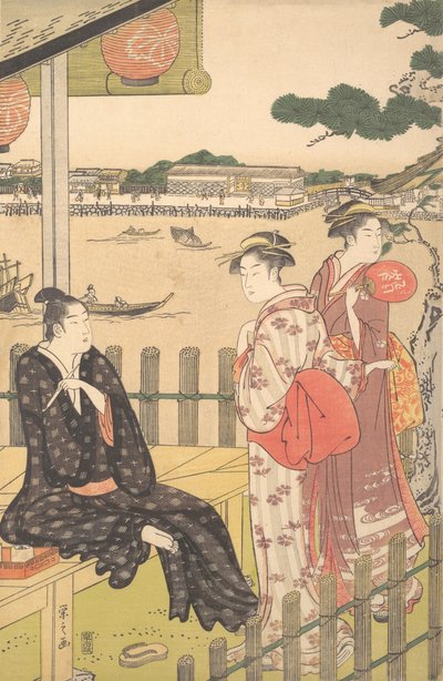 Gruppe på et tehus ved bredden av Sumida-elven, ca. 1790. av Hosoda Eishi