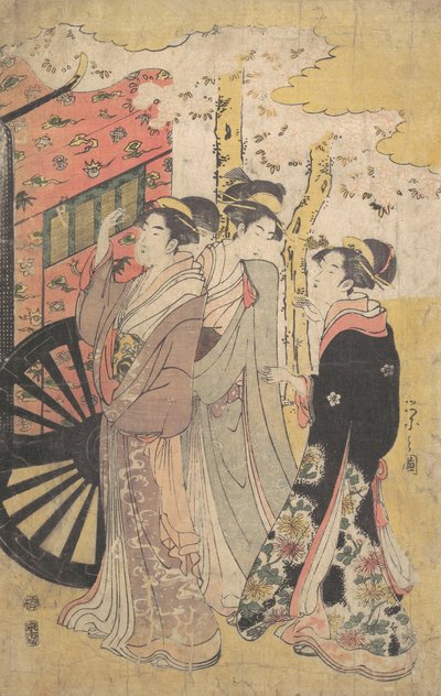 Dame i en rettsvogn ser på Cherry Blossoms, ca. 1796 Kansei 8. av Hosoda Eishi