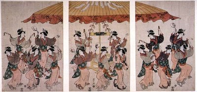 Sumiyoshi-dansen, triptyk, ca. 1791 (farget treblokktrykk) av Hosoda Eishi