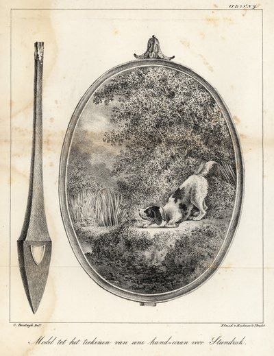 Modell for et design for en brodert håndskjerm som viser en hund på en elvebredd av Houtman Van