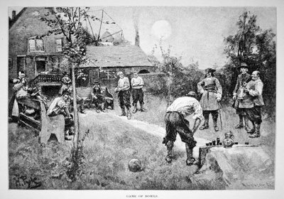 Et bollespill i 1600-tallets koloniale Amerika (litho) av Howard (after) Pyle