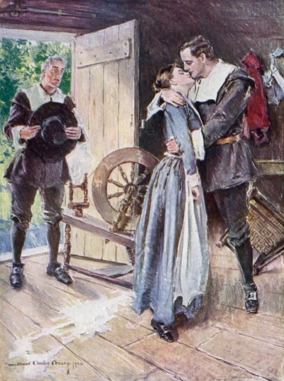 Illustrasjon for The Courtship of Miles Standish av Henry Wadsworth Longfellow (litho-farge) av Howard Chandler (after) Christy