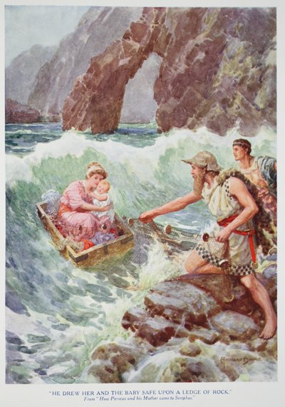 "Han tegnet henne og babyen trygt på en avsats av stein" (farge litho) av Howard Davie