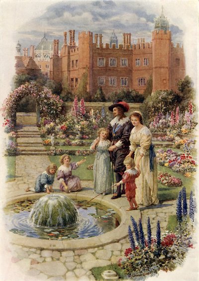 Kong Charles I og dronning Henrietta på Hampton Court (farge litho) av Howard Davie