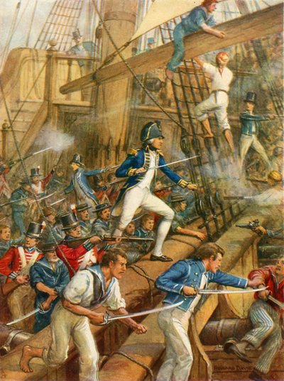 Nelson går ombord på San Nicolas (farge litho) av Howard Davie