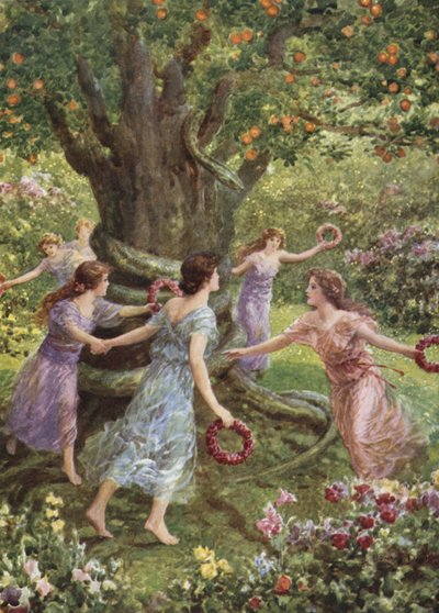 Perseus så dem danse rundt det sjarmerende treet. Fra hvordan Perseus drepte Gorgon (farge litho) av Howard Davie