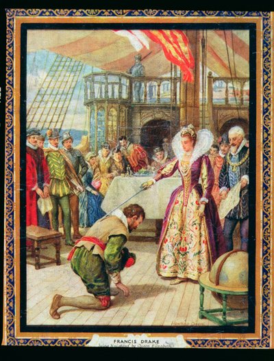 Dronning Elizabeth I (1530-1603) ridder Francis Drake (1540-96), illustrasjon fra 