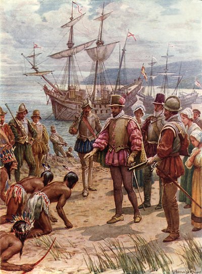 Sir Walter Raleigh lander i Virginia (farge litho) av Howard Davie
