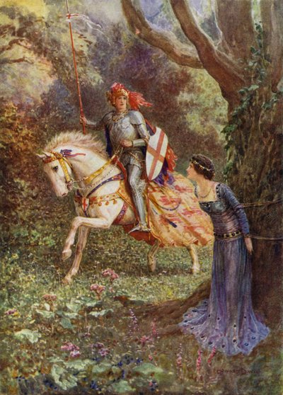 St George så en dame av overlegen skjønnhet (farge litho) av Howard Davie