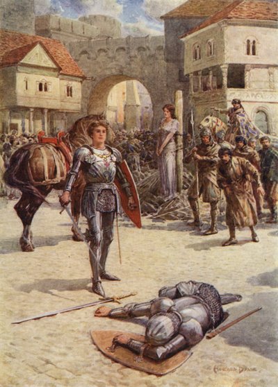 St George til unnsetning, den stolte jarlen av Coventry lå død (farge litho) av Howard Davie