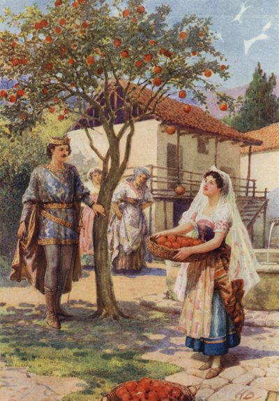 "Frukten falt av seg selv i kurven" fra "The Fairy Kittens" (farge litho) av Howard Davie