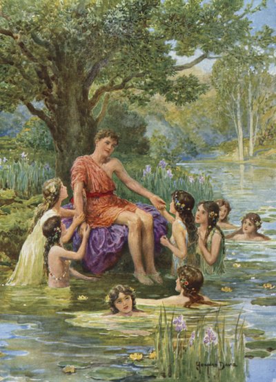Vannymfene kom for å se på ham, og elsket ham. Fra hvordan argonautene seilte til Colchis (farge litho) av Howard Davie