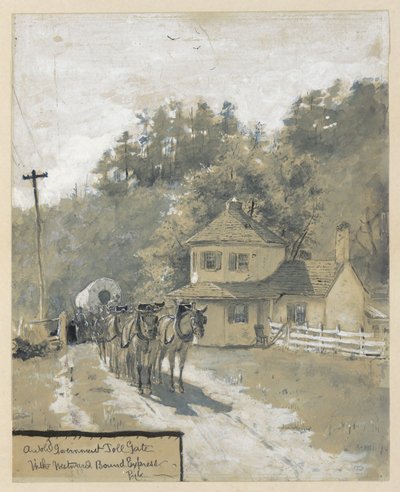 En gammel statlig bomstasjon med et ekspresstog på vei vestover, tegning til en illustrasjon for artikkelen «The Old National Pike» av William Henry Rideing av Howard Pyle