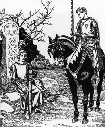 Arthurian Legend: Galahad Meets Melyas de Lyle Illustrasjon av Howard Pyle (1853-1911) fra The Story of the Grail and the passing of Arthur” Privatsamling fra 1910 av Howard Pyle