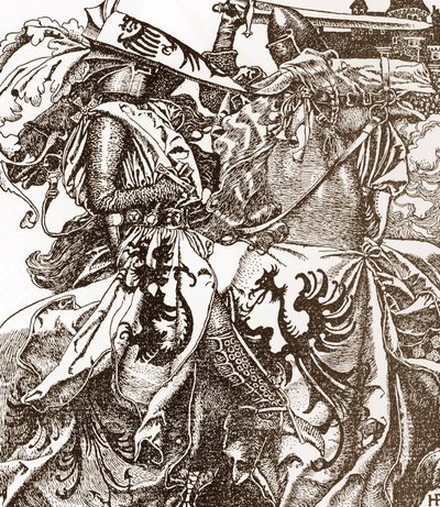 Arthurian Legend: Kay (Keu), ridder av det runde bordet, bryter sverdet sitt ved en turnering (Sir Kay, ridder av det runde bordet, knekker sverdet sitt ved en turnering) Illustrasjon av Howard Pyle (1853-1911) fra "The story av kong Arthur og hans ri av Howard Pyle