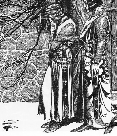Arthurian Legend: The Knight Kay (Keu) and Perceval (Sir Kay and Sir Percival) Illustrasjon av Howard Pyle (1853-1911) fra "The Story of the Champions of the Round Table"" Privat samling fra 1905 av Howard Pyle